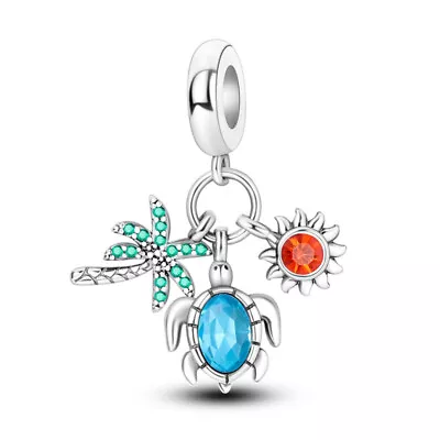 Palm Tree Blue Crystal Sea Turtle Red Opal Sun Holiday Charm 925 Sterling Silver • £15.97