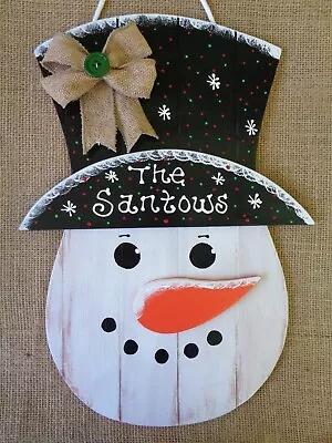 Personalize SNOWMAN SIGN Grooved Wood Hanger Plaque Winter Door Wall Primitive • $13