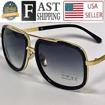 Men's Sunglasses Square One Gold Colored Metal Frame Top Bar Oversize Shades NEW • $10.98