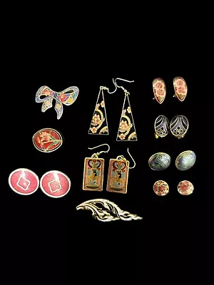 Vintage Cloisonne Costume Fashion Jewelry Dangle Earrings Brooch • $39.99