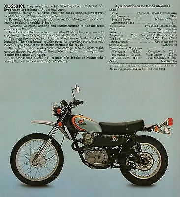 1974 Honda Xl250k1 Xl 250k1 Specs Ad Vintage Ahrma • $12.55