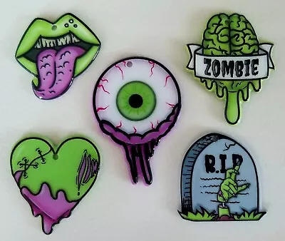 5 Acrylic Craft Pendants ZOMBIE MIX Halloween Brain Eyeball Gravestone Charms • £4.50