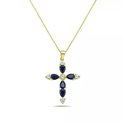 925 Sterling Silver Cross With Created Sapphire And CZ Stones Pendant Necklace • $49.99