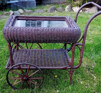 Beautiful Antique Wicker Tea Cart . Original Glass! Well Cared For ! • $120