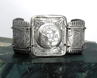 Vintage Mexican Bracelet 900 Coin Silver 7  Pre-Columbian Indigenous Scene Panel • $124.94