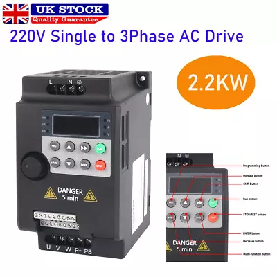 VFD Frequency Speed Controller 2.2KW 220V Single To 3Phase Motor Inverter Drive • £64.88