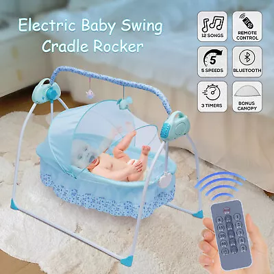 Baby Crib Cradle Remote Control Auto-Swing Rocking Bassinet For 0-18 Months Blue • £82.65