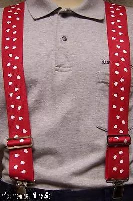 Suspenders 2 X48  FULLY Elastic Valentine Hearts NEW White On Red • $19.99