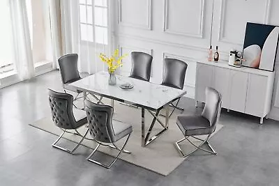 Kitchen/Indoor Dining Sets 6 Seater Rectangle Dining Table 1.8m Grey Marble Top • £399