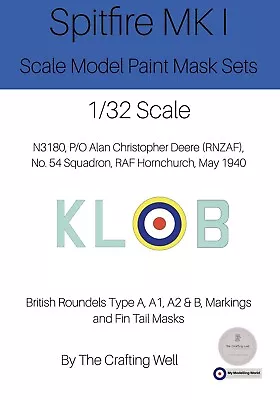 Spitfire MK 1 Scale Model Paint Masks 1:32 Scale Multiple Options • £9.97