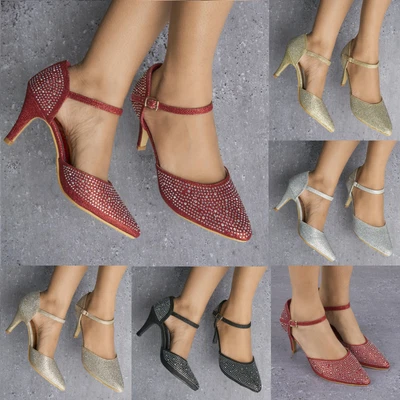 £13.99 • Buy Ladies Glitter Diamante Mid Heel Pointed Toe Ankle Strap Mary Jane Shoes 3-8