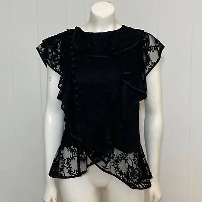 Erdem X HM Lace Ruffle Flounces Top Womens XS Black Cotton Floral Buttons Blouse • $74.97