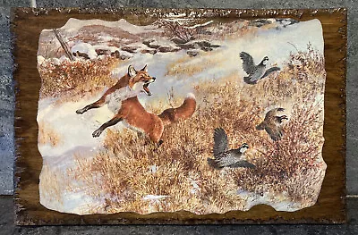 Vintage Wall Art Wooden Shellacked Plaque Fox Hunting Quails Velvet Backed • $29.99