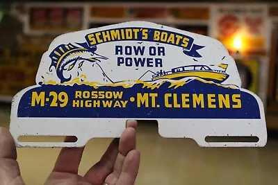 RARE 1950s SCHMIDT'S BOATS ROW POWER PAINTED METAL TOPPER SIGN MARLIN M-29 FISH • $10.50