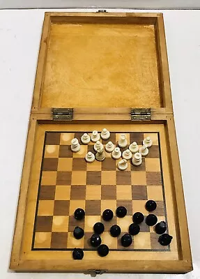 Vintage Mini Chess Set Folding Wooden Case Plastic Pieces Magnetic Travel 1960s • $25.50