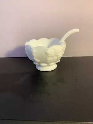 Vintage Westmoreland Milk Glass Paneled Grape Condiment Bowl & Spoon • $15