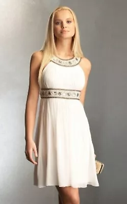 CACHE Womens Size 2 Retro Y2K Beaded Halter Dress Ivory Cleopatra Zip Glamour • $94
