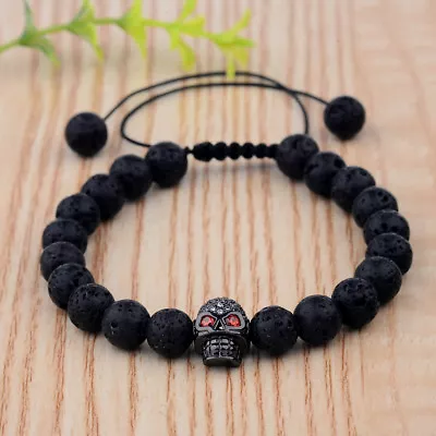 Fashion Man's Zircon Skull Head Black Lava Stone Macrame Bracelets Jewelry 8mm • $2.92