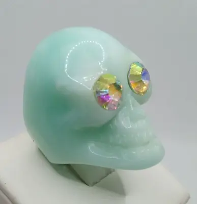 Resin Skull Ring Teal Blue & White Marbled AB Rhinestone Eyes Size 6 Chunky • $22.50