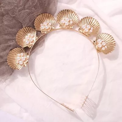 Gold Seashell Crown Faux Pearl Embellishment Headband Hair Hoop For Women Girls • $14.99