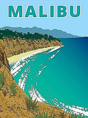 Malibu Beach Surf California Retro United States Travel Art Poster Print • $10.49
