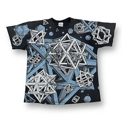 Vintage 90s MC Escher Stars All Over Print Art Tee T-Shirt Andazia XL Chameleon • $399