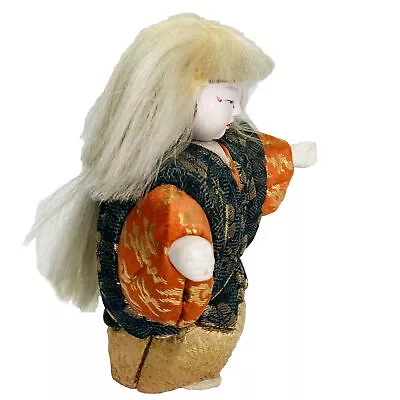 Japanese Kabuki Doll White Mane Lion Dancer Brocade Fabric Ceramic Face • $52.49