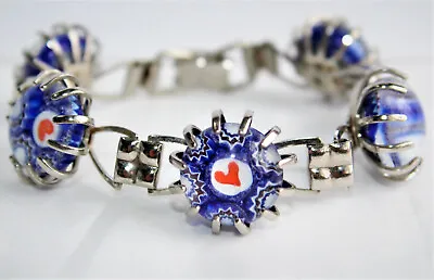 VTG Silvertone Red Heart White Blue Millefiori Glass Cabochon 6.75  Bracelet • $49.99