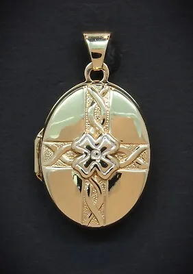 9 Carat Yellow Gold Celtic Cross/ Friend Message Oval Locket (80.24.081) • £85