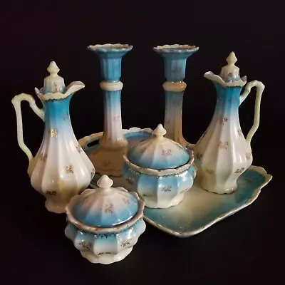 Antique Vanity Dresser Set Porcelain Blue White Gold Flowers French Pattern • $98