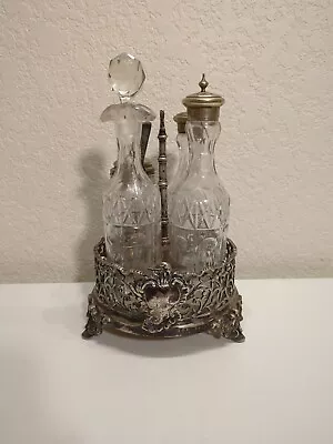 Vintage Cut Glass Cruet Set With Stand 5 Piece Set Shakers Bottles Spoon • $125