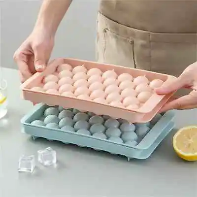 Ice Cube Tray With Lid  33 Grids Ice Ball Maker Mould Round Easy Release UK • £4.99