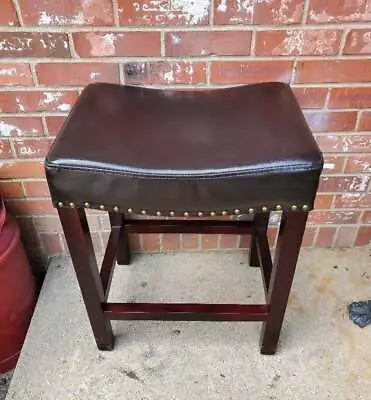 Vintage Bench Footstool Faux Black Leather Padded Upholstery Mahogany • $64.99