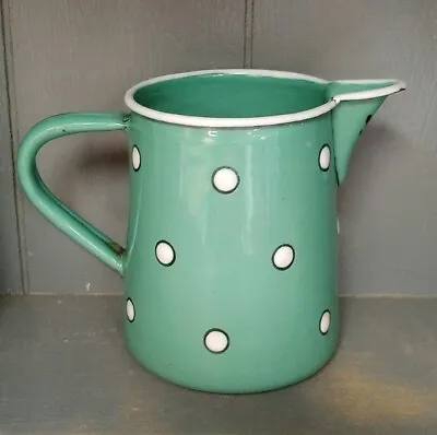 Green White Polka Dot Vintage Style Metal Enamel Small Pitcher Creamer Farmhouse • $28