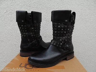 Ugg Black Leather Conor Studs Moto Buckle Boots Women Us 6/ Eur 37 ~new In Box • $124.95