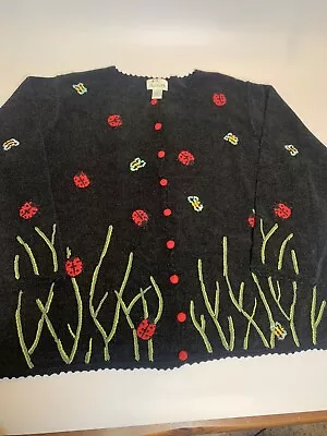 The Quacker Factory Black With/ Red Buttons Sweater Lady Bugs Bees QVC Sz 2X • $32.99