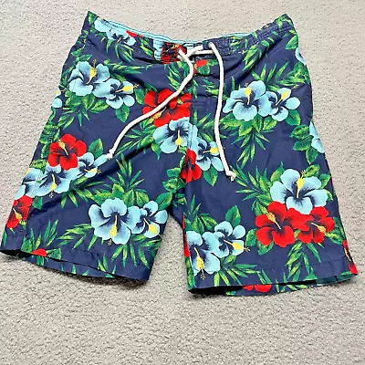Merona Swim Trunks Men Medium 36 Blue Hawaiian Floral Vacation Lined Shorts • $10.88