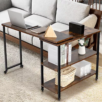 $127.90 • Buy Large 360°Free Rotating Sofa Side Table With Wheels Storage Shelf Rustic Brown