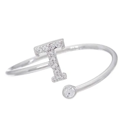 Bypass Initial T Ring Round Cubic Zirconia 14K White Gold Plated Sterling Silver • $37.79