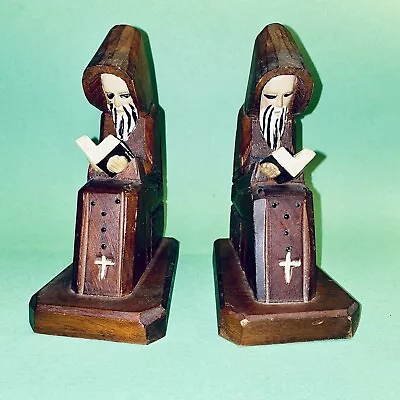 Pair Of 2 Vintage JOM Mexican Hand Carved Wood Monk Priest Friar Bookends1940s • $120