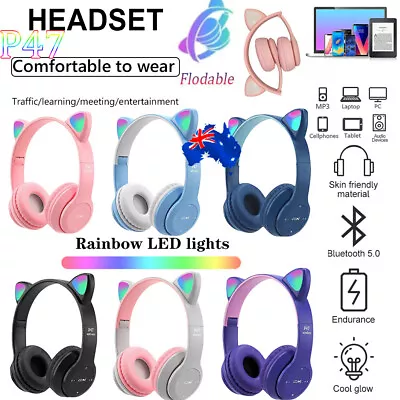 Wireless Cute Cat Ear Headphones Bluetooth Headset LED Lights Earphone For Kids • $12.73