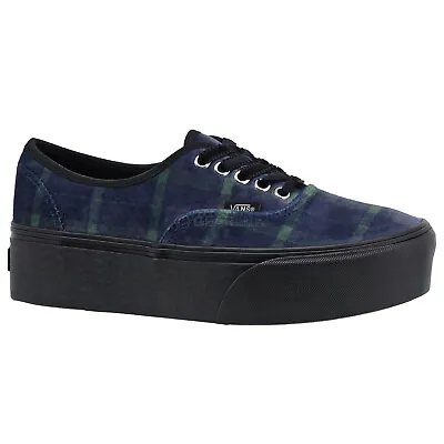 VANS Authentic Stackform Plaid Velvet Platform Shoes Blue Green Womens Sizes • $43.90