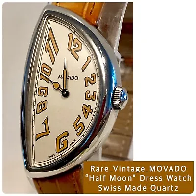 HALF MOON Movado Swiss Made Silvertn/Brown Alligator Strap Mens Dress Watch_Rare • $995