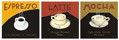 Art Deco Style Prints COFFEE - Espresso MILANO - Latte ROMA - Mocha FIRENZE X 3 • $12.37