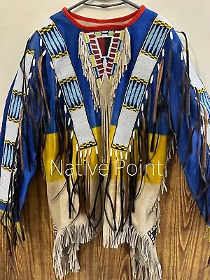 Native American Western Wear Suede Leather Jacket Fringes & Beads Work War Shirt • $169.99