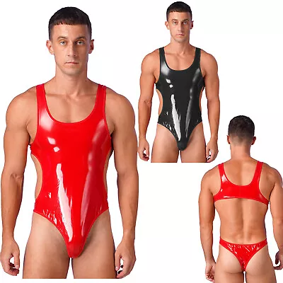 Men's Bodysuit One Piece High Cut Thongs Leotard Deep U Neck Shiny PVC Jumpsuit • £4.79