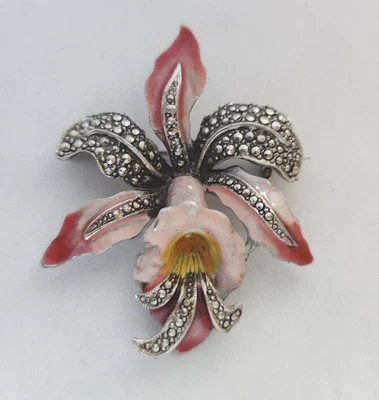 £14 • Buy Vintage Marcasite Enamel Orchid Brooch