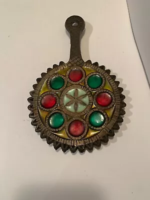 Vintage Cast Iron Metal Trivet Green Red Stained Glass Skillet Footed Taiwon • $10