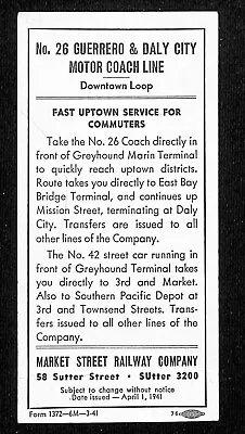 1941 Market Street Railway Co. Small No. 26 Guerrero & Daly City Line Card VGC • $12.99
