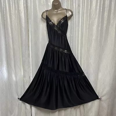 VTG L XL NightGown Elegant Black Sheer Lace NYLON Shiny Negligee Gown Sexy Soft  • $89.99